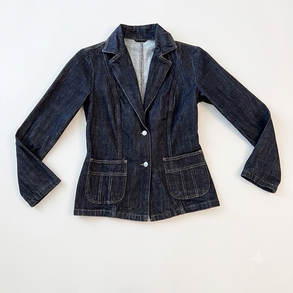 Sisley Jeans Jacket Size 44 Small Made In Italy Dark Wash Tailored Indigo